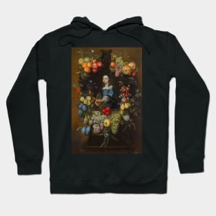 A Garland of Fruit and Flowers Surrounding a Portrait of a Lady in a Blue Dress, Holding a Guitar by Catarina Ykens-Floquet Hoodie